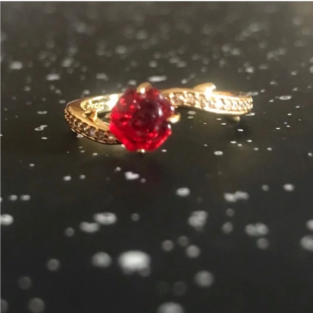 Beauty and the Beast Gold Ring with Red Rose Crystal Center